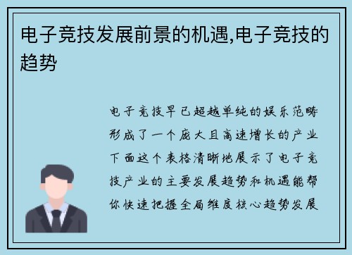 电子竞技发展前景的机遇,电子竞技的趋势
